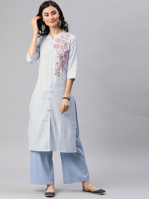

Alena Women Blue Floral Embroidered Straight Kurta