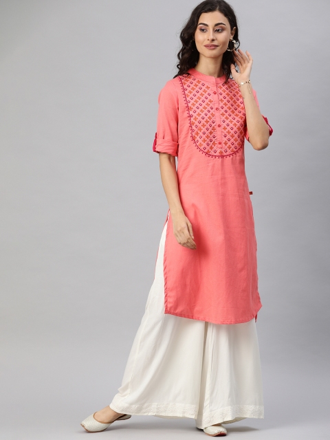 

Alena Women Coral Pink Embroidered Straight Kurta