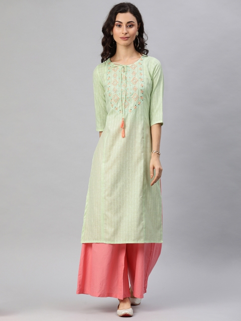 

Alena Women Green Yoke Design Sequined Panelled Straight Kurta