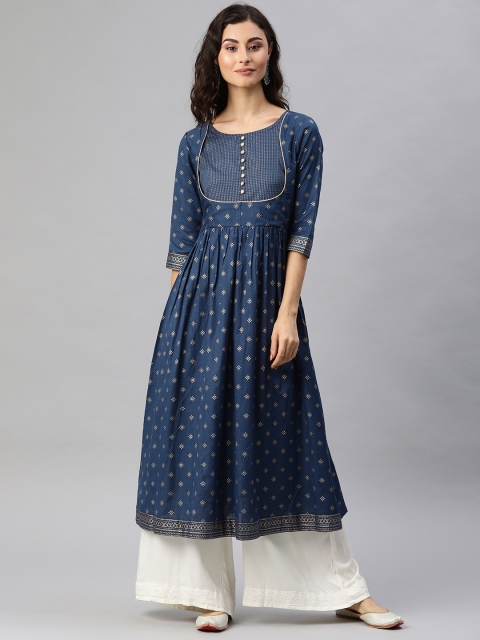 

Alena Women Navy Blue & Gold-Toned Foil Printed A-Line Kurta