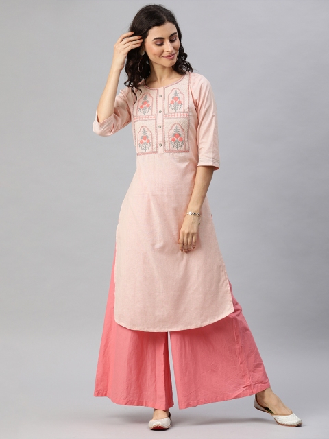 

Alena Women Peach-Coloured Embroidered Straight Kurta