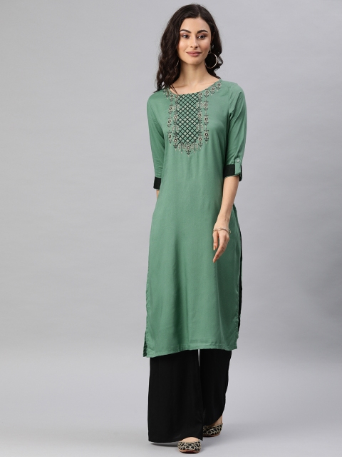 

Alena Women Green Embroidered Straight Kurta