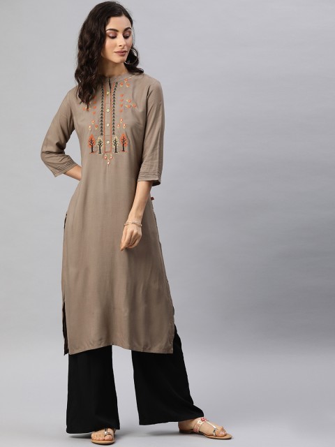 

Alena Women Brown Embroidered Straight Kurta