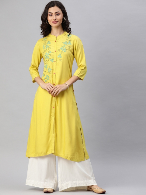 

Alena Women Mustard Yellow Embroidered Straight Kurta
