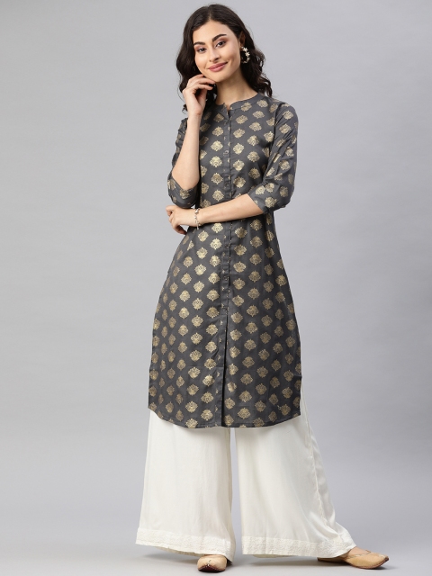 

Alena Women Grey & Golden Foil Printed Straight Kurta