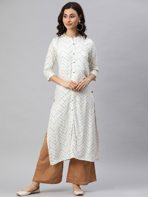 

Alena Women White & Turquoise Blue Chevron Printed Straight Kurta