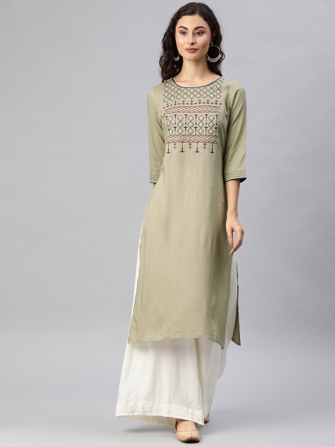 

Alena Women Beige Embroidered Straight Kurta