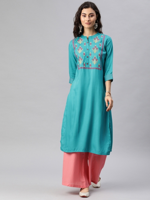 

Alena Women Turquoise Blue Yoke Design Straight Kurta