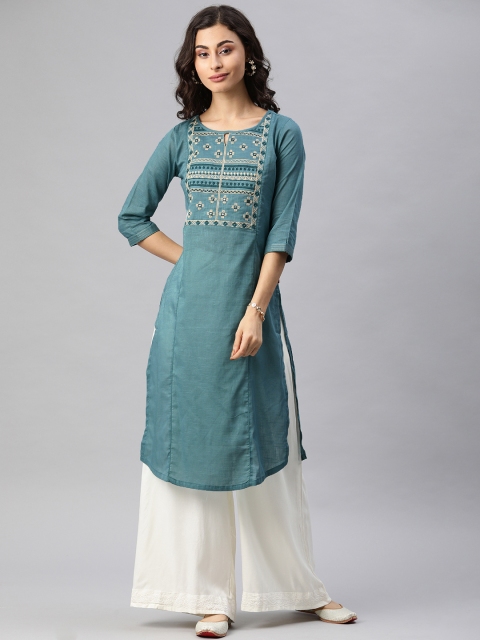 

Alena Women Teal Green Embroidered Straight Kurta