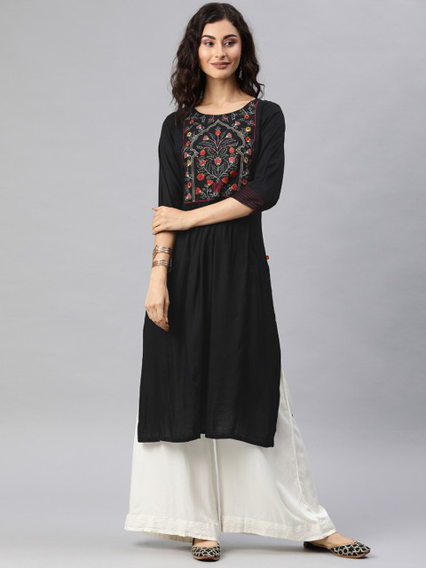 

Alena Women Black Yoke Design Pleated Straight Kurta