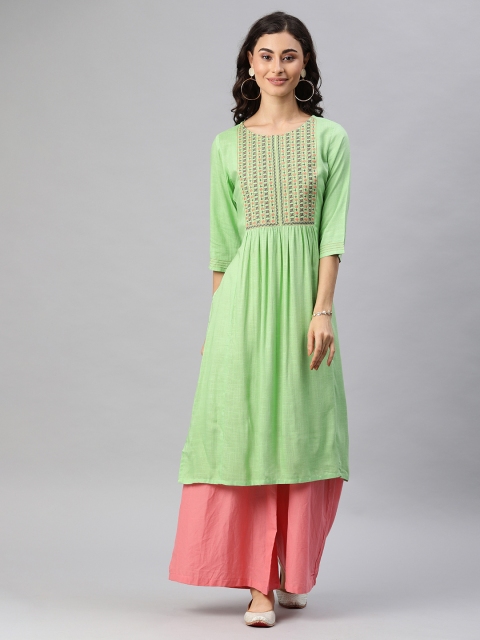 

Alena Women Green Embroidered A-Line Kurta