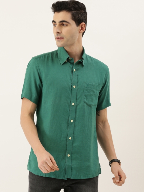 

Burnt Umber Men Teal Green Slim Fit Solid Linen Casual Shirt