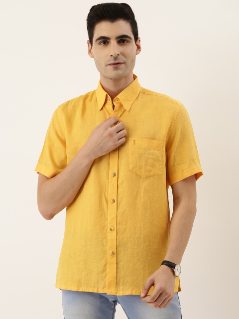 

Burnt Umber Men Mustard Yellow Slim Fit Solid Linen Casual Shirt