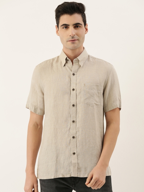 

Burnt Umber Men Beige Comfort Slim Fit Linen Solid Casual Shirt