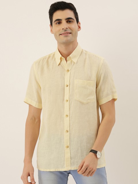 

Burnt Umber Men Cream-Coloured Comfort Slim Fit Solid Casual Linen Shirt