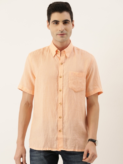 

Burnt Umber Men Peach-Coloured Comfort Slim Fit Solid Casual Linen Shirt