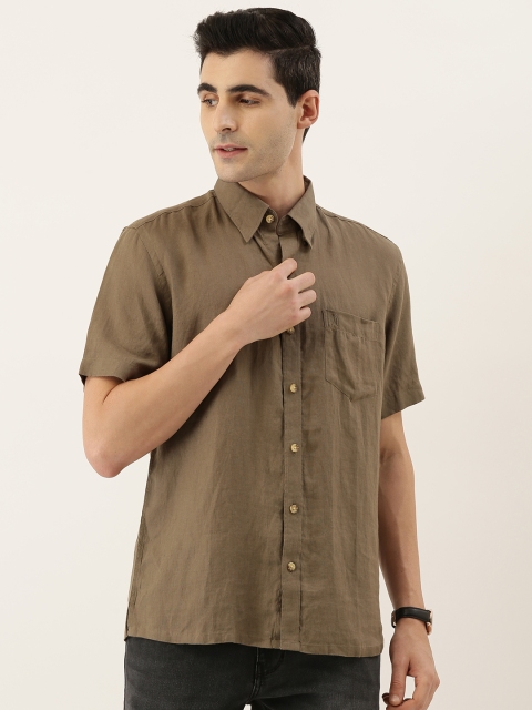 

Burnt Umber Men Olive Green Comfort Slim Fit Solid Casual Linen Shirt