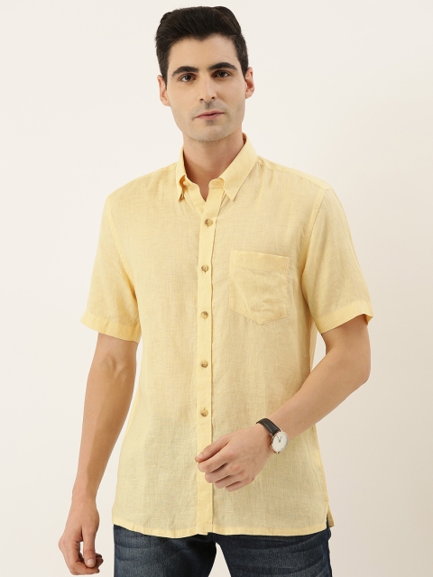 

Burnt Umber Men Beige Comfort Slim Fit Solid Casual Linen Shirt