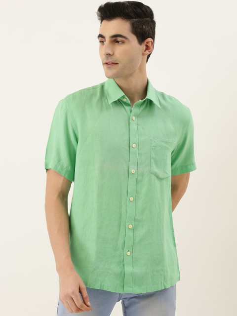 

Burnt Umber Men Sea Green Slim Fit Solid Linen Casual Shirt