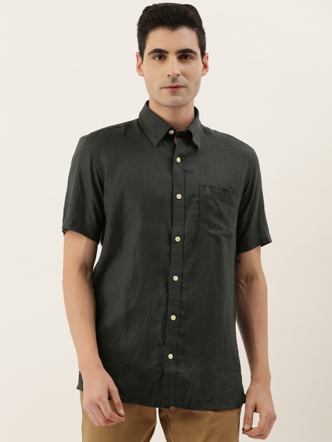 

Burnt Umber Men Black Comfort Slim Fit Solid Casual Linen Shirt