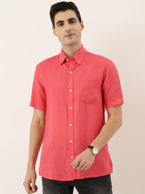 

Burnt Umber Men Coral Pink Comfort Slim Fit Solid Casual Linen Shirt