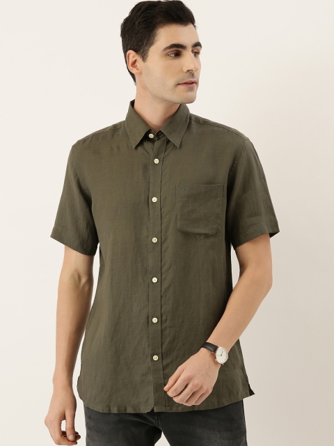 

Burnt Umber Men Olive Green Comfort Slim Fit Solid Casual Linen Shirt