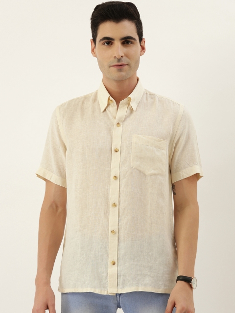 

Burnt Umber Men Cream-Coloured Slim Fit Solid Casual Linen Shirt