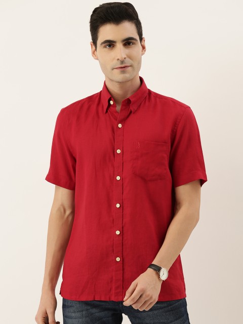 

Burnt Umber Men Red Comfort Slim Fit Solid Casual Linen Shirt
