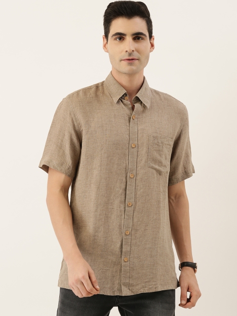 

Burnt Umber Men Taupe Slim Fit Solid Linen Casual Shirt