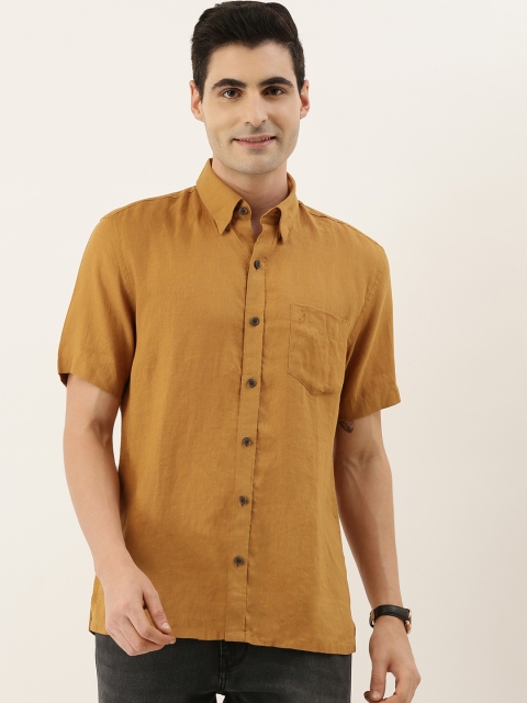 

Burnt Umber Men Khaki Comfort Slim Fit Solid Casual Linen Shirt