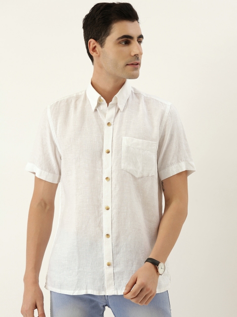 

Burnt Umber Men White Slim Fit Solid Casual Linen Shirt