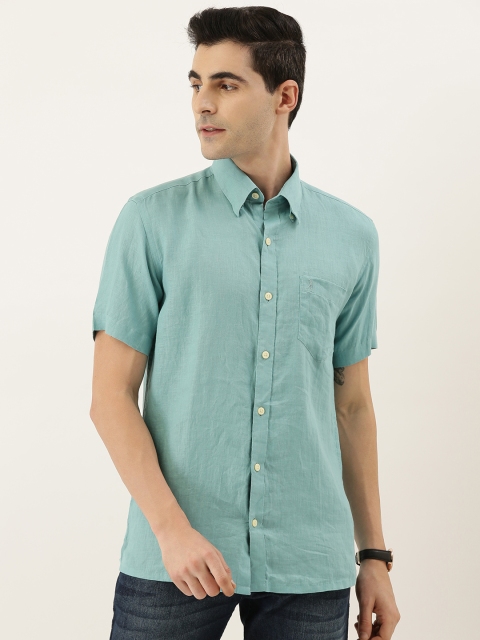 

Burnt Umber Men Sea Green Comfort Slim Fit Solid Linen Shirt