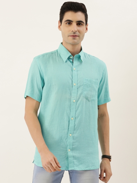 

Burnt Umber Men Sea Green Slim Fit Solid Casual Linen Shirt