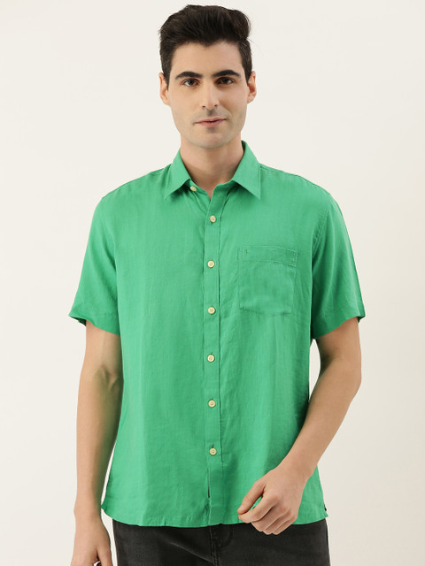 

Burnt Umber Men Green Comfort Slim Fit Linen Solid Casual Shirt
