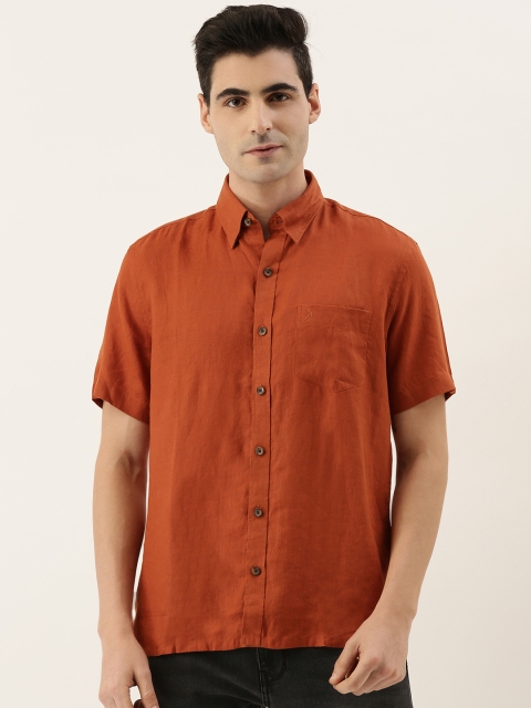 

Burnt Umber Men Rust Brown Comfort Slim Fit Linen Solid Casual Shirt