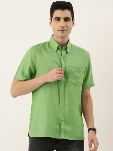 

Burnt Umber Men Lime Green Comfort Slim Fit Solid Casual Linen Shirt