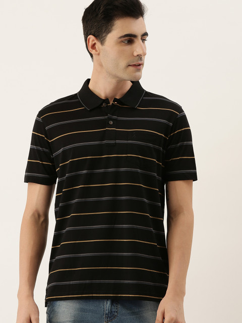 

Burnt Umber Men Black & Grey Striped Polo Collar T-shirt