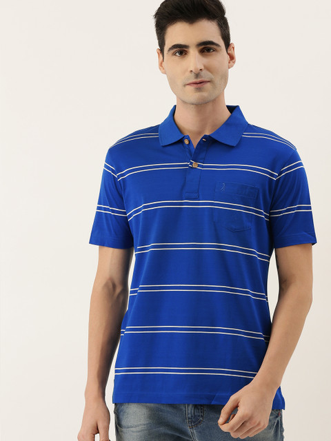 

Burnt Umber Men Blue & White Striped Polo Collar T-shirt