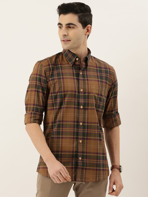

Burnt Umber Men Brown & Olive Green Slim Fit Checked Plaid Casual Shirt