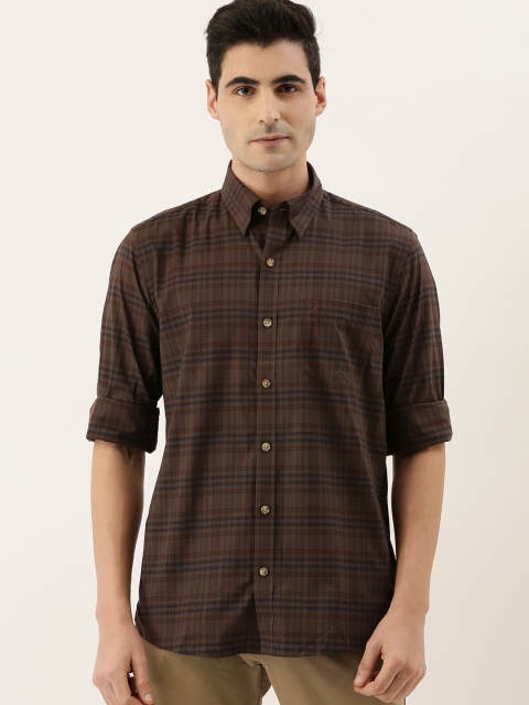 

Burnt Umber Men Brown & Navy Blue Slim Fit Checked Casual Shirt