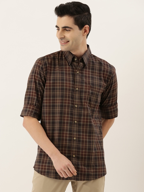 

Burnt Umber Men Coffee Brown & Off-White Slim Fit Checked Casual Shirt