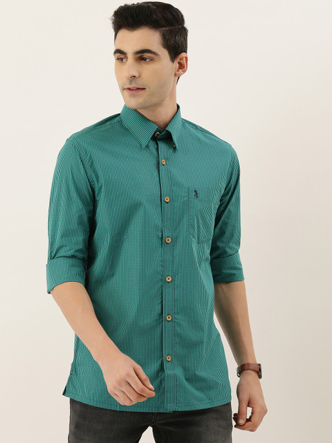 

Burnt Umber Men Green & Blue Regular Fit Micro Checked Casual Shirt