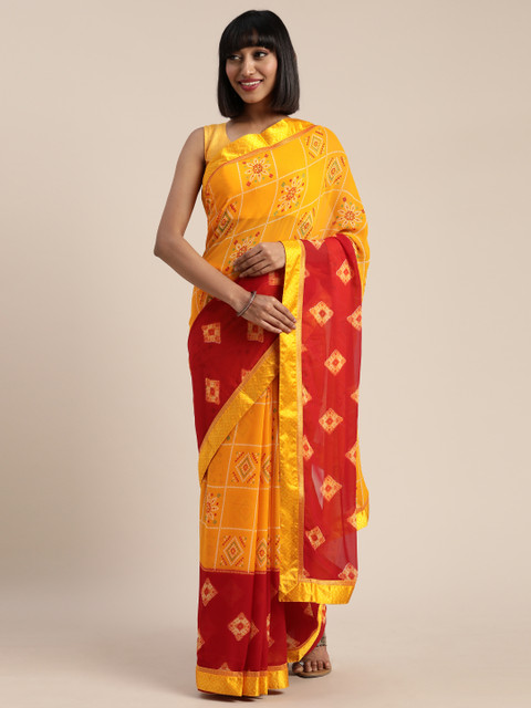 

Pisara Mustard Yellow & Maroon Satin Printed Bandhani Saree