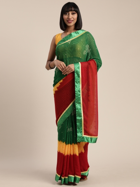 

Pisara Green & Maroon Satin Printed Bandhani Saree