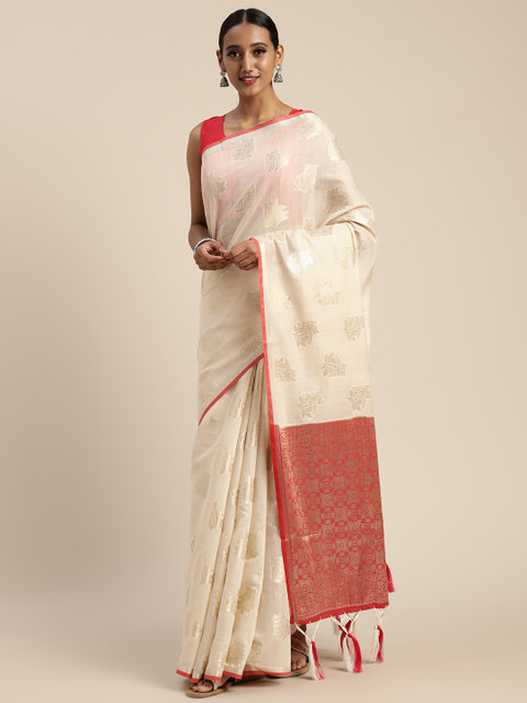 

Pisara Off-White & Gold-Toned Silk Cotton Woven Design Chanderi Saree