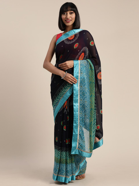 

Pisara Navy Blue Satin Printed Bandhani Saree