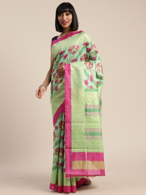 

Pisara Lime Green & Pink Silk Cotton Floral Printed Saree