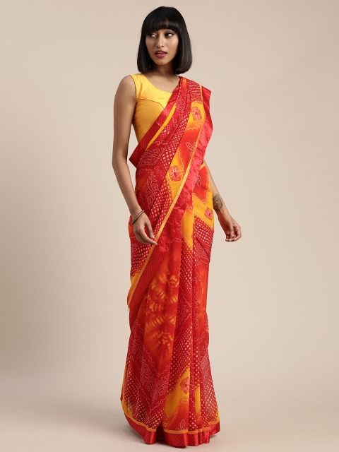

Pisara Red & Mustard Yellow Satin Printed Bandhani Saree