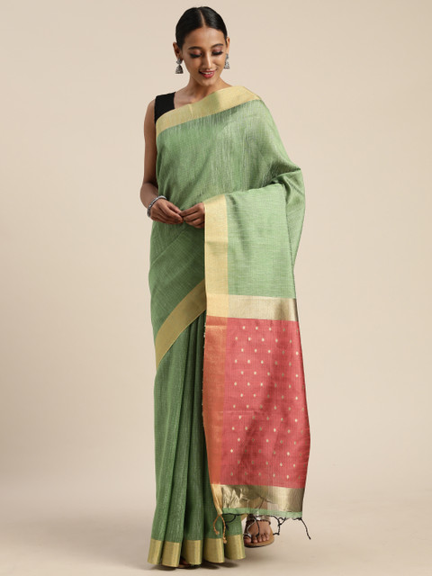 

Pisara Lime Green & Pink Jute Cotton Woven Design Saree