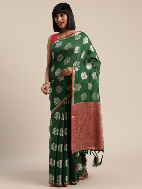 

Pisara Green & Silver-Toned Silk Cotton Woven Design Chanderi Saree